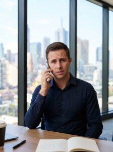 Man at his desk calling for help after a suspicious pop-up, to report a cyber incident quickly