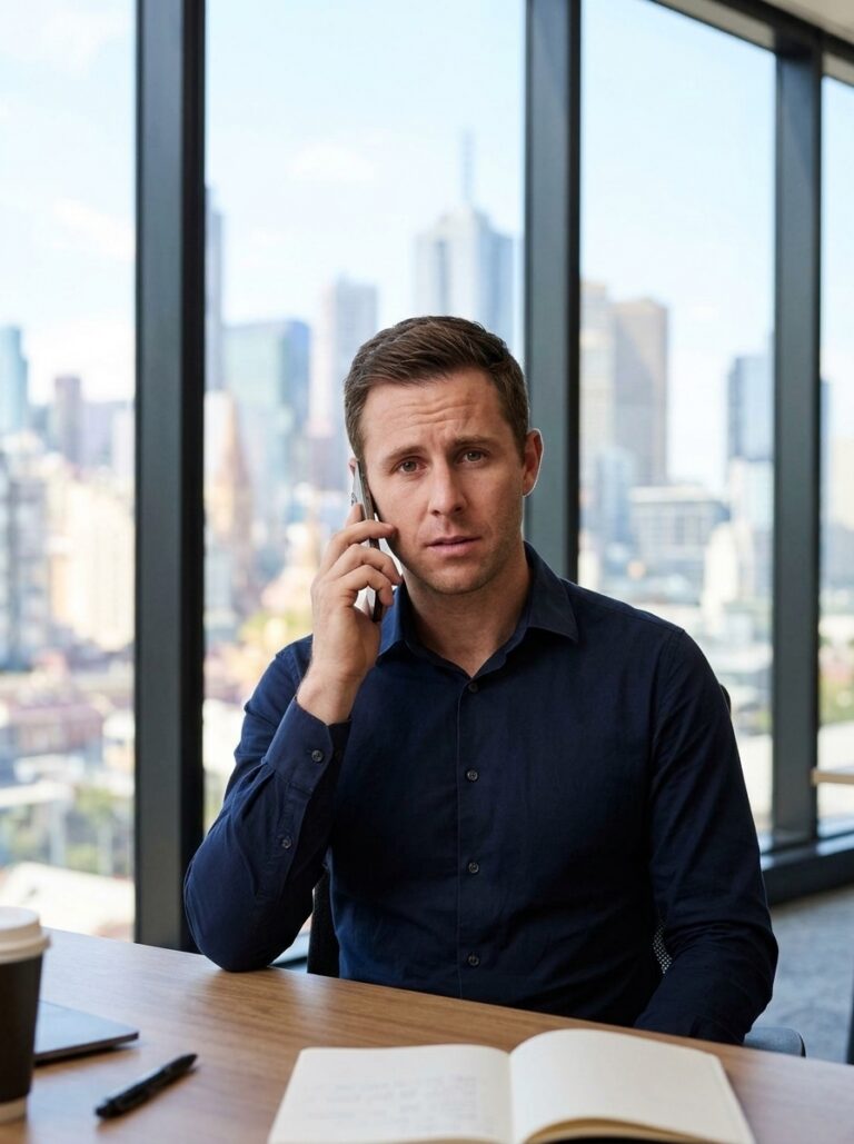 Man at his desk calling for help after a suspicious pop-up, to report a cyber incident quickly
